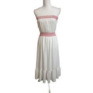 ZARA  Basic Women's S White Summer Midi Dress Red Smocking Strapless Lined Boho